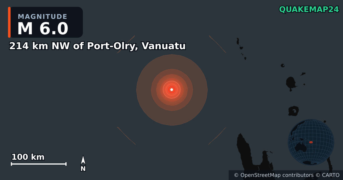 Σεισμός M6,0 κοντά στο 214 km NW of Port-Olry, Vanuatu · 2026-10-28 — Χάρτης της θέσης του επικέντρου