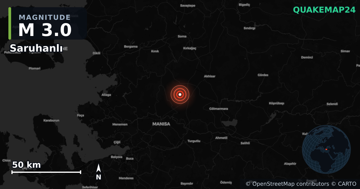 M3.0 earthquake near Saruhanlı on Nov 7, 2025 — map of epicenter and shaking intensity | QuakeMap24