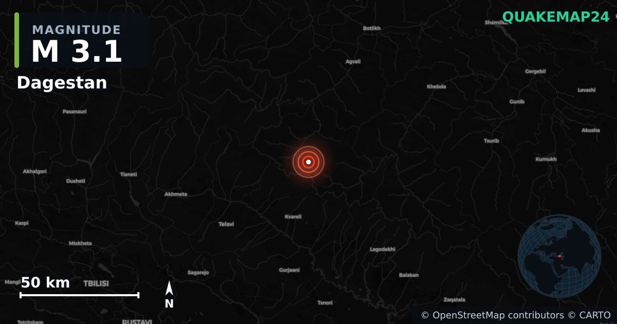 M3.1 earthquake near Dagestan on Jul 13, 2025 — map of epicenter and shaking intensity | QuakeMap24