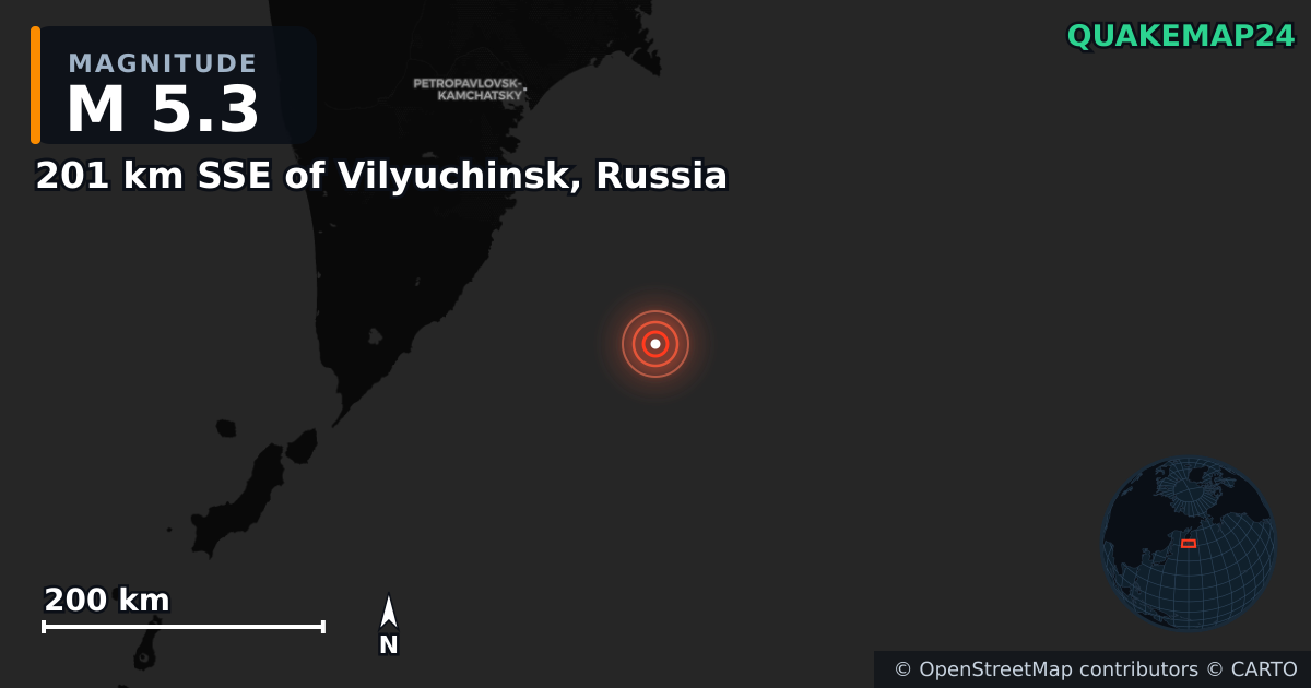 M5.3 earthquake near 201 km SSE of Vilyuchinsk, Russia on Jul 30, 2025 — map of epicenter and shaking intensity | QuakeMap24