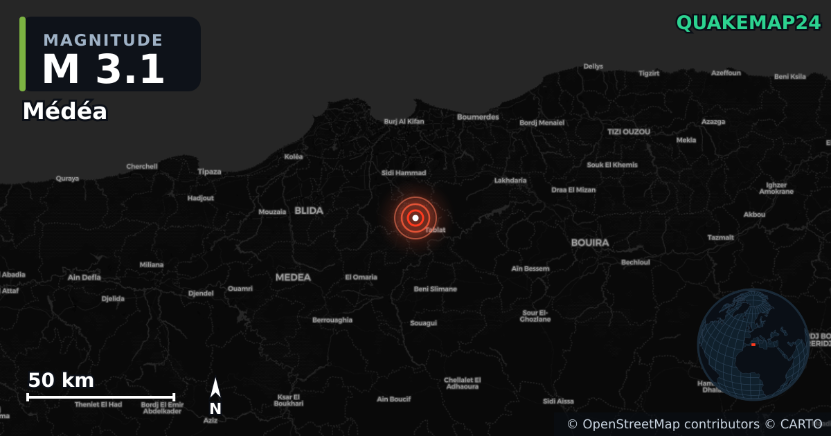 M3.1 earthquake near Médéa on Oct 17, 2025 — map of epicenter and shaking intensity | QuakeMap24