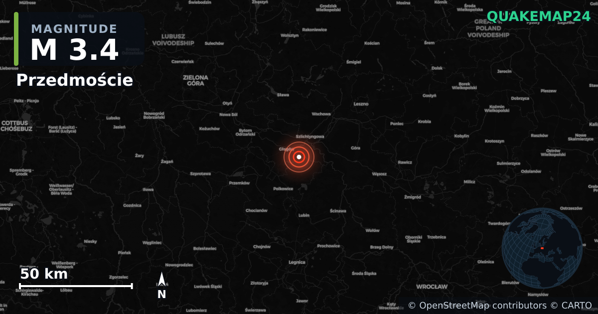 M3.4 earthquake near Przedmoście on Jul 29, 2026 — map of epicenter and shaking intensity | QuakeMap24