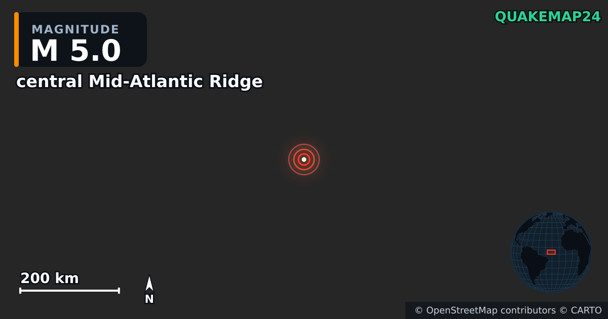 Σεισμός M5,0 κοντά στο central Mid-Atlantic Ridge · 2025-06-19 — Χάρτης της θέσης του επικέντρου