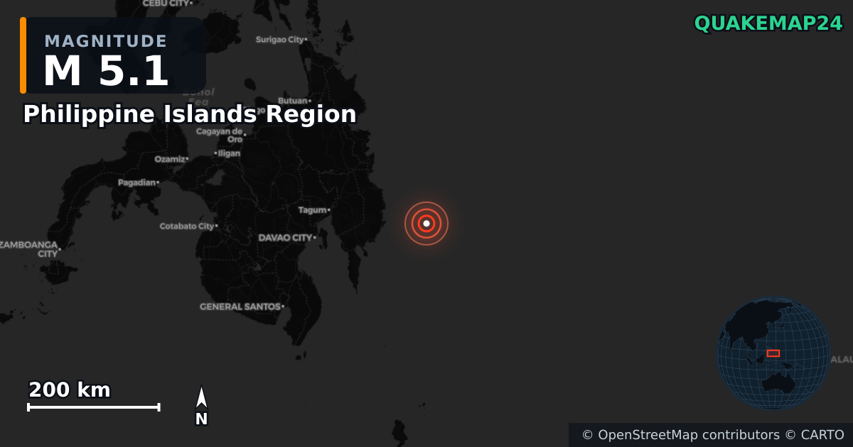 M5.1 earthquake near Philippine Islands Region on Oct 26, 2025 — map of epicenter and shaking intensity | QuakeMap24