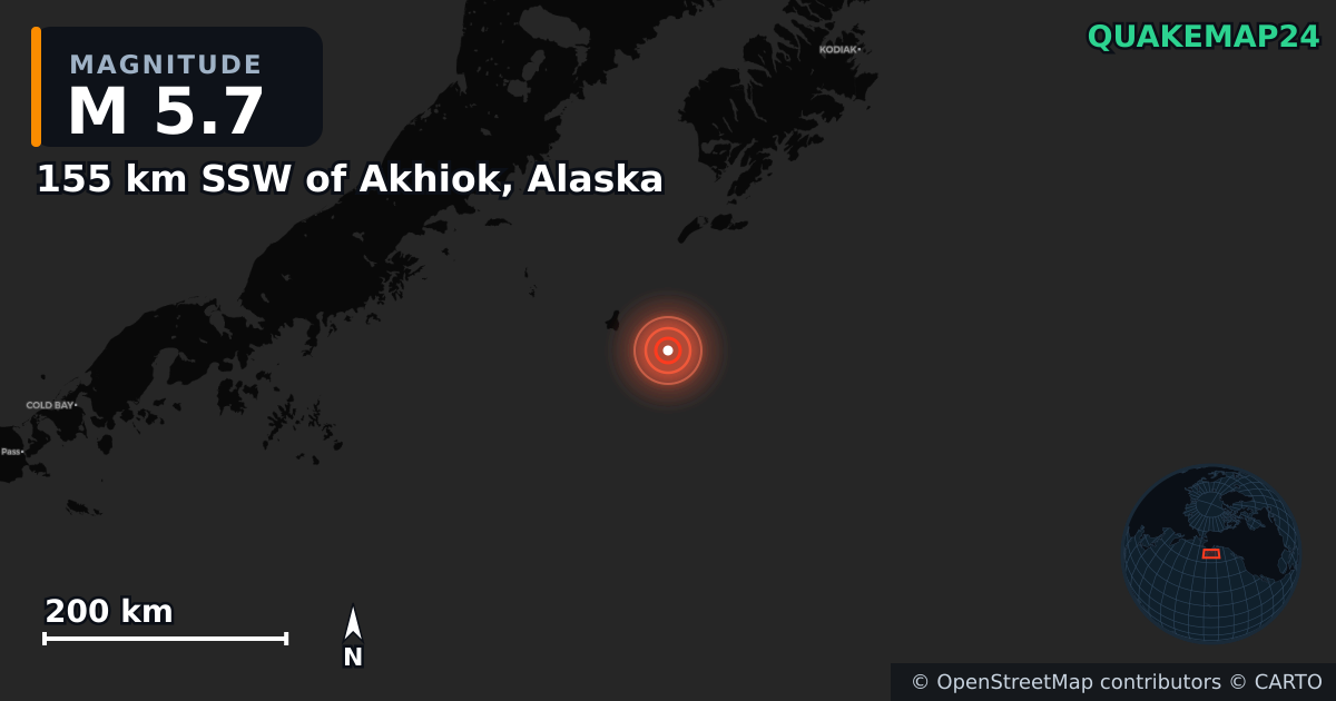 M5.7 earthquake near 155 km SSW of Akhiok, Alaska on Feb 13, 2025 — map of epicenter and shaking intensity | QuakeMap24
