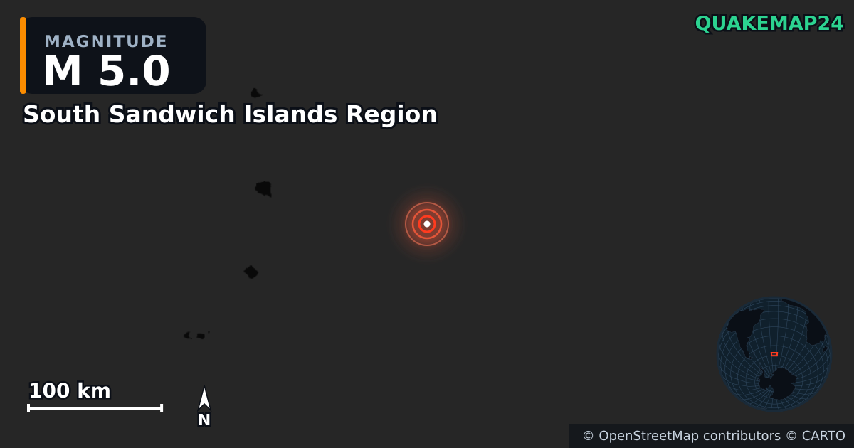 M5.0 earthquake near South Sandwich Islands Region on Sep 19, 2025 — map of epicenter and shaking intensity | QuakeMap24