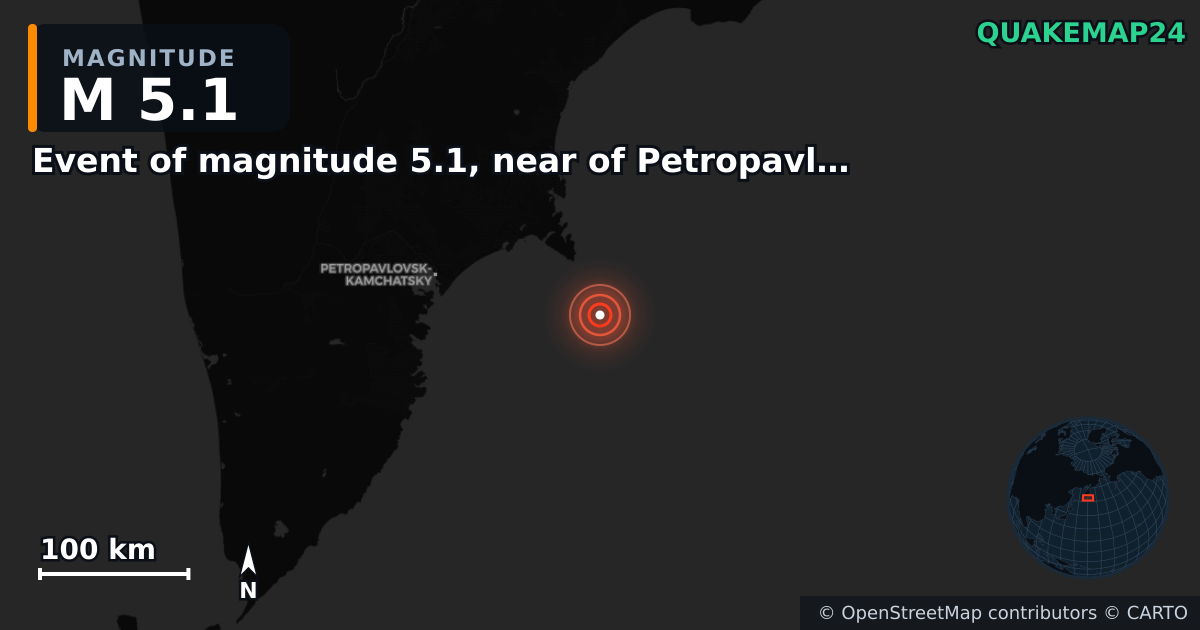 M5.1 earthquake near Event of magnitude 5.1, near of Petropavlovsk Kamchatskiy (Monde) on Sep 26, 2025 — map of epicenter and shaking intensity | QuakeMap24