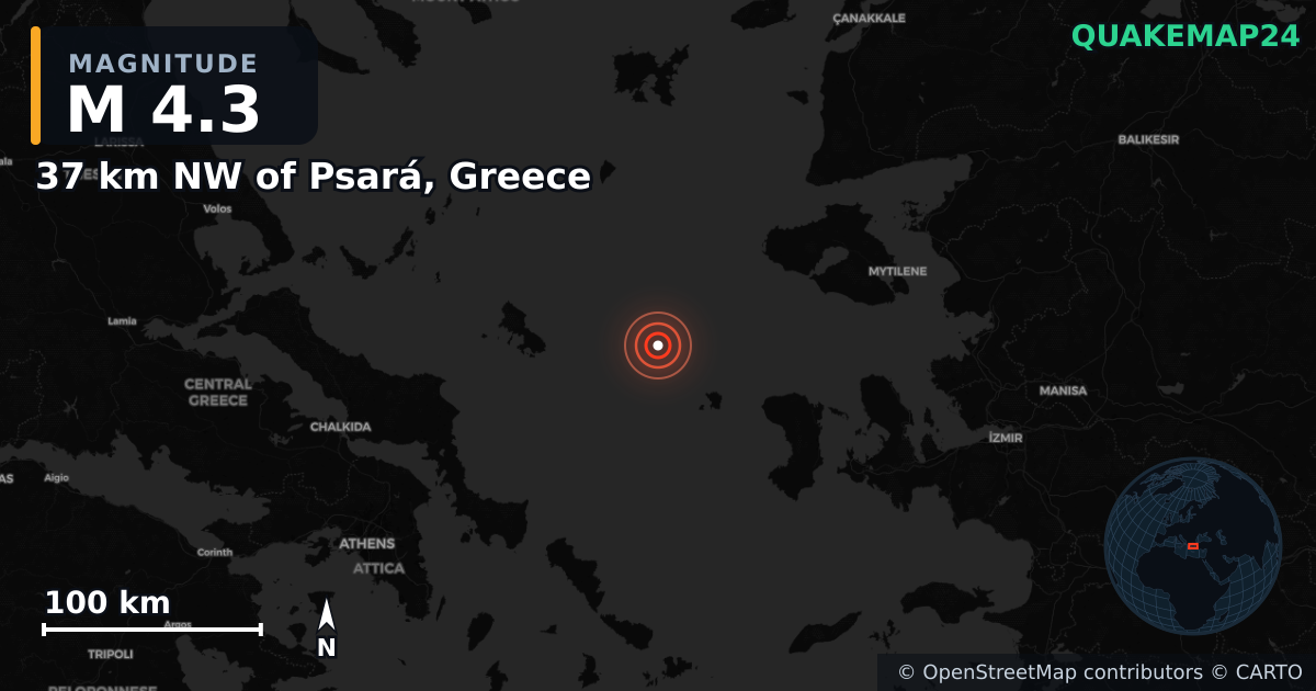 M4.3 earthquake near 37 km NW of Psará, Greece on Jan 23, 2025 — map of epicenter and shaking intensity | QuakeMap24