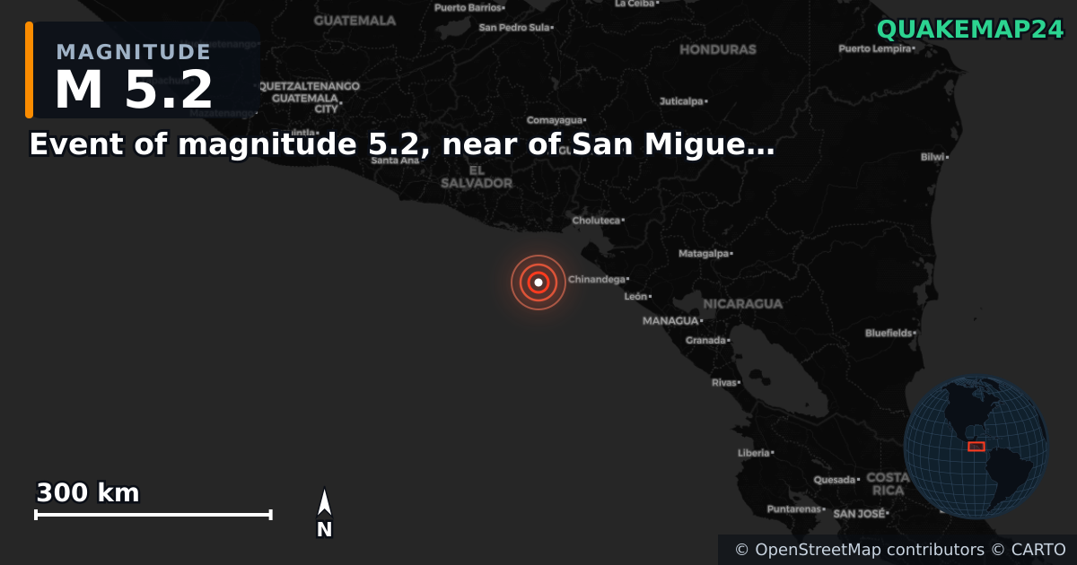 M5.2 earthquake near Event of magnitude 5.2, near of San Miguel (Monde) on Mar 15, 2026 — map of epicenter and shaking intensity | QuakeMap24