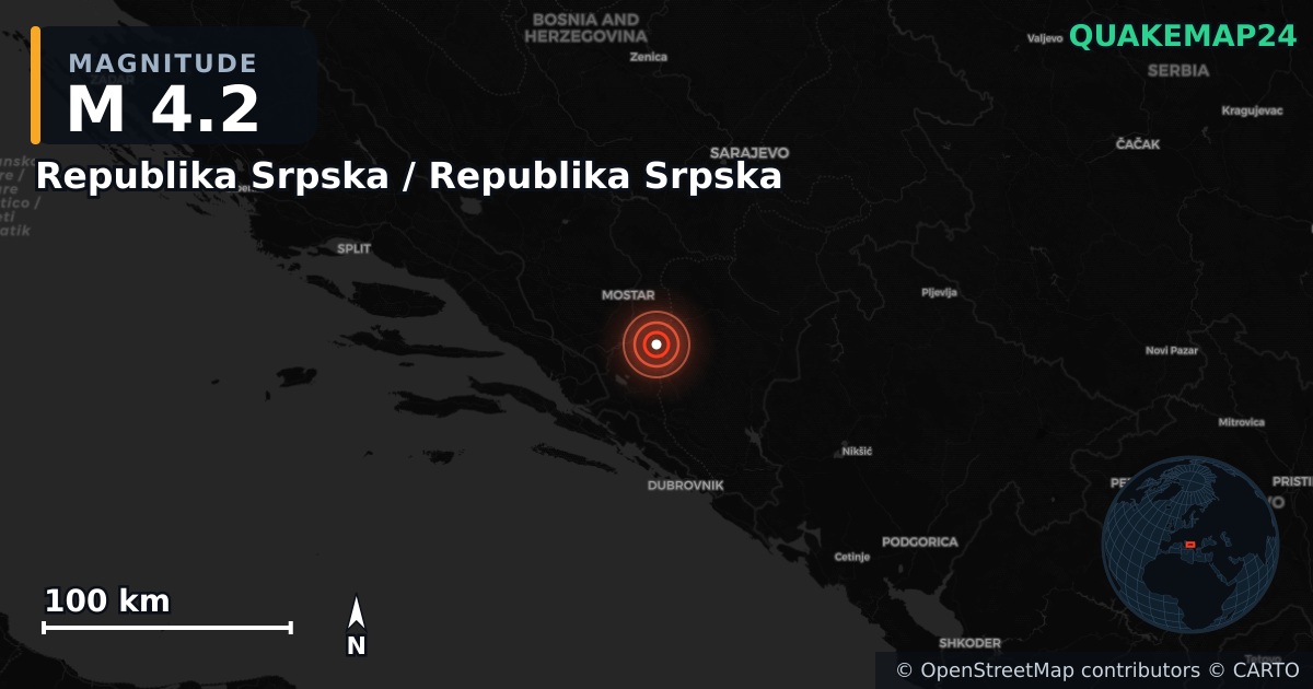 M4.2 earthquake near Republika Srpska / Republika Srpska on Jun 1, 2025 — map of epicenter and shaking intensity | QuakeMap24