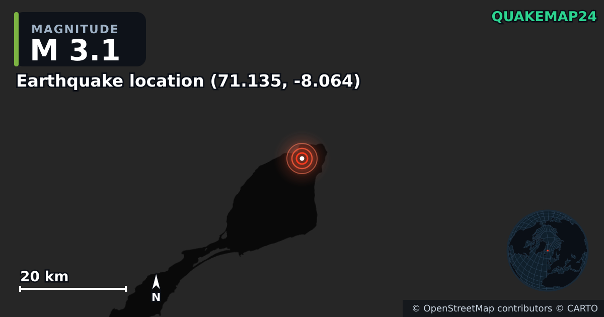 M3.1 earthquake near Earthquake location (71.135, -8.064) on Mar 10, 2025 — map of epicenter and shaking intensity | QuakeMap24