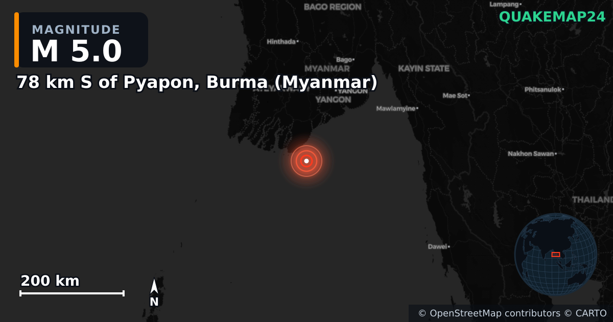 M5.0 earthquake near 78 km S of Pyapon, Burma (Myanmar) on Apr 2, 2025 — map of epicenter and shaking intensity | QuakeMap24