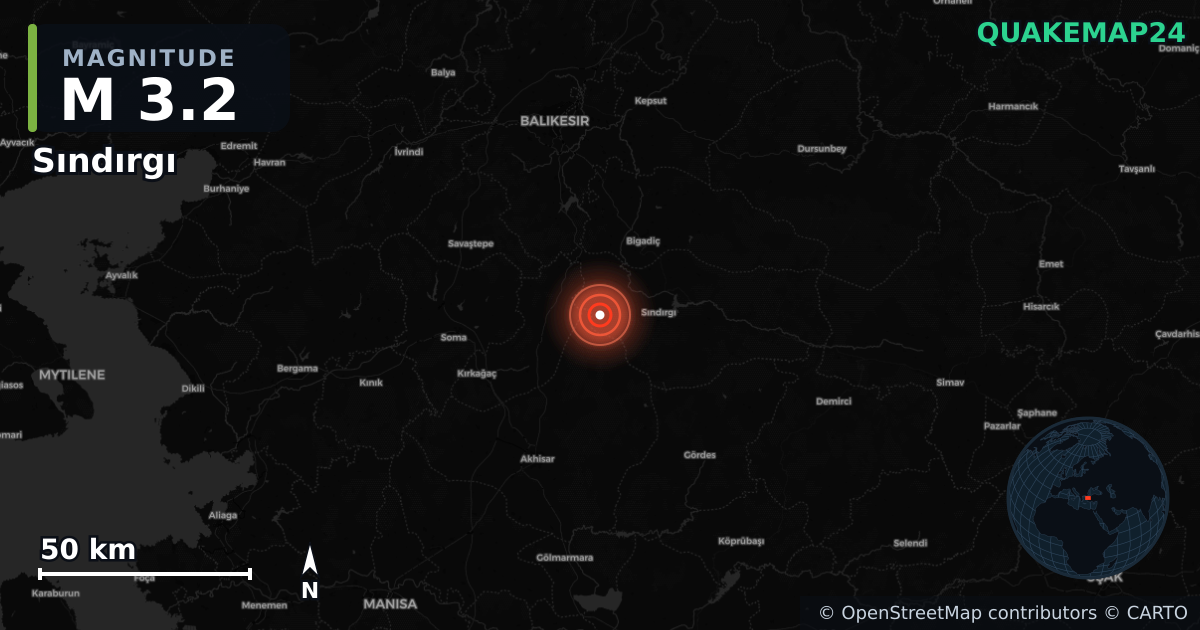 M3.2 earthquake near Sındırgı on Sep 3, 2025 — map of epicenter and shaking intensity | QuakeMap24