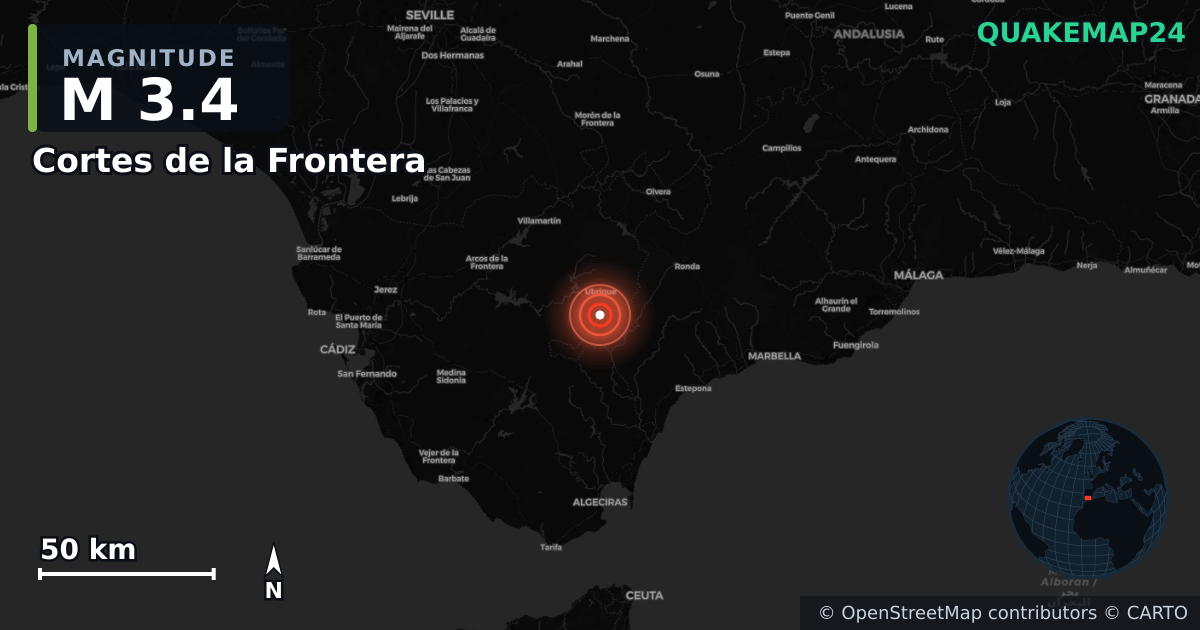 M3.4 earthquake near Cortes de la Frontera on Feb 9, 2026 — map of epicenter and shaking intensity | QuakeMap24
