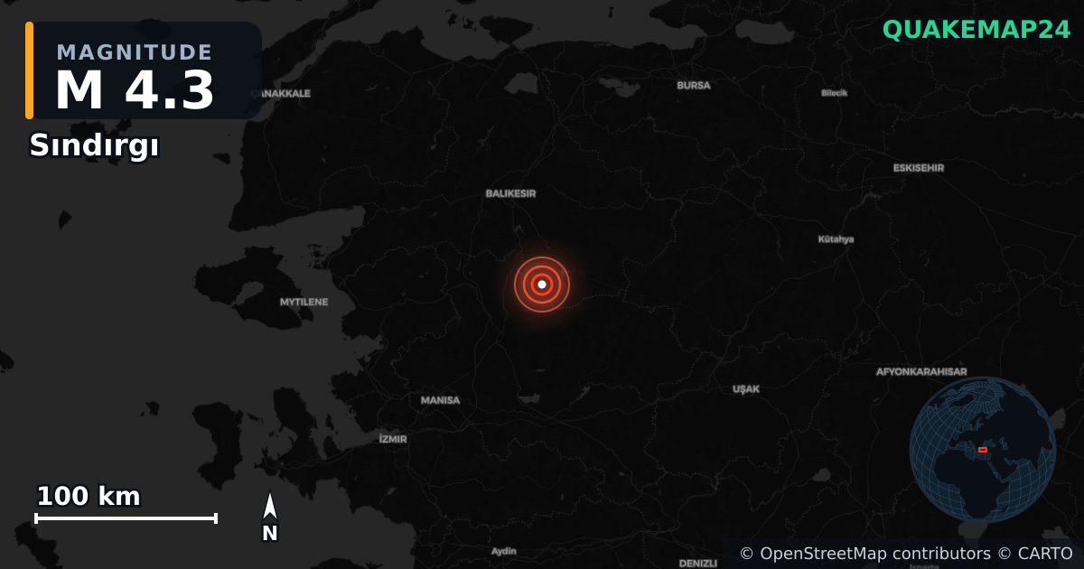 M4.3 earthquake near Sındırgı on Aug 19, 2025 — map of epicenter and shaking intensity | QuakeMap24