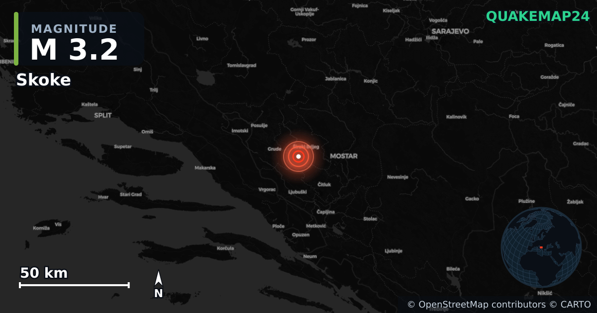 M3.2 earthquake near Skoke on Feb 2, 2026 — map of epicenter and shaking intensity | QuakeMap24