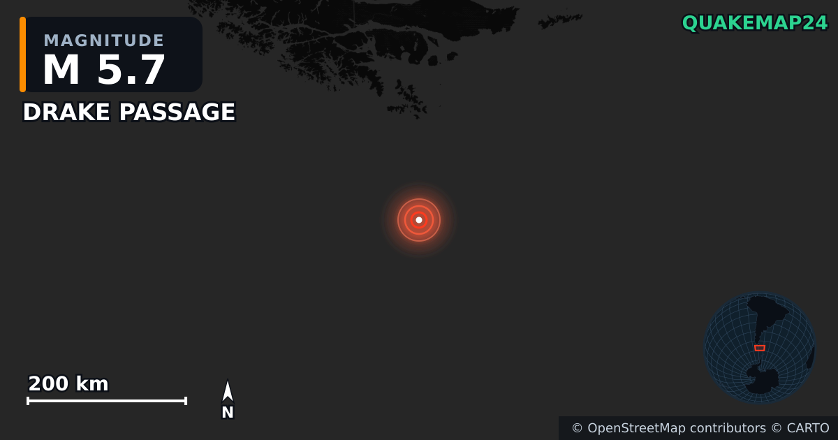 DRAKE PASSAGE yakınında M5,7 deprem — Deprem merkez üssünün konumunu gösteren harita