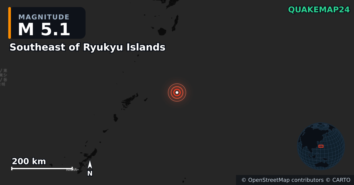 M5.1 earthquake near Southeast of Ryukyu Islands on Feb 3, 2025 — map of epicenter and shaking intensity | QuakeMap24