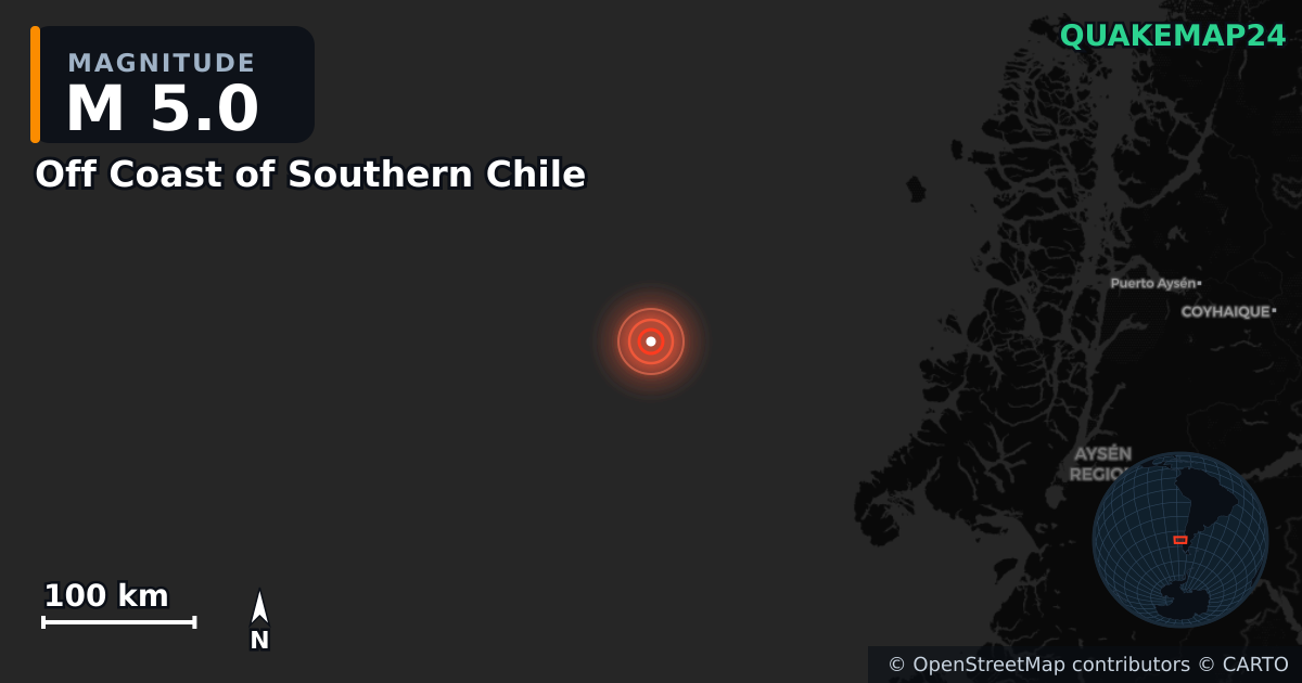 Erdbeben M5,0 bei Off Coast of Southern Chile · 2025-10-25 — Karte der Lage des Epizentrums
