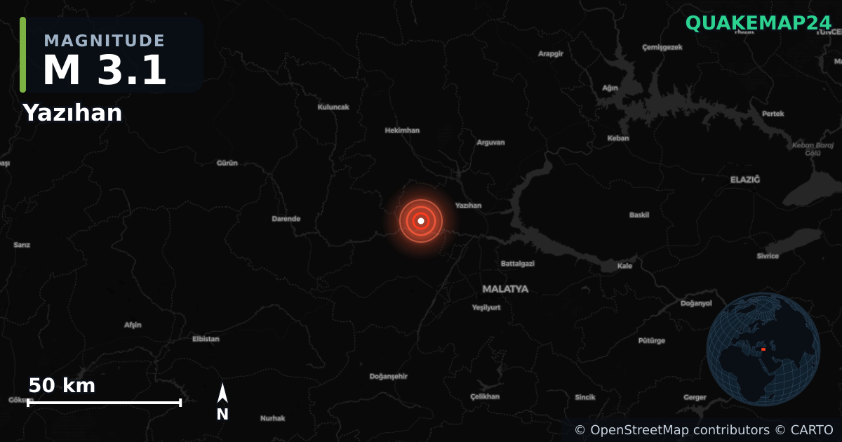 M3.1 earthquake near Yazıhan on Oct 12, 2025 — map of epicenter and shaking intensity | QuakeMap24