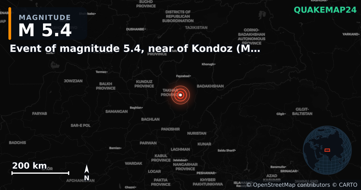 M5.4 earthquake near Event of magnitude 5.4, near of Kondoz (Monde) on Mar 7, 2026 — map of epicenter and shaking intensity | QuakeMap24