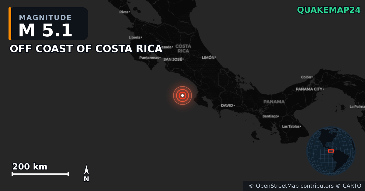 M5.1 earthquake near OFF COAST OF COSTA RICA on Nov 22, 2025 — map of epicenter and shaking intensity | QuakeMap24