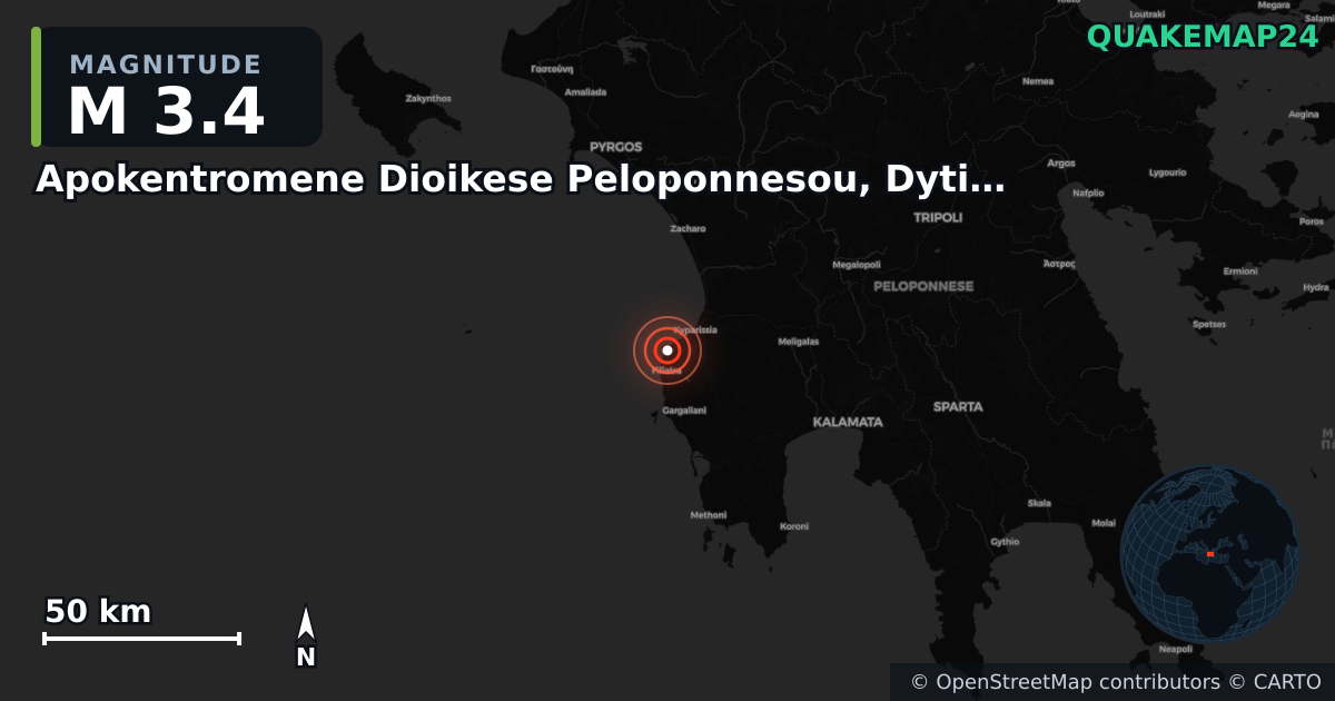 M3.4 earthquake near Apokentromene Dioikese Peloponnesou, Dytikes Elladas kai Ioniou on Jun 26, 2025 — map of epicenter and shaking intensity | QuakeMap24
