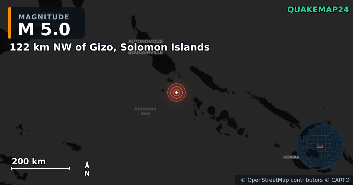 M5.0 earthquake near 122 km NW of Gizo, Solomon Islands on Jan 26, 2025 — map of epicenter and shaking intensity | QuakeMap24