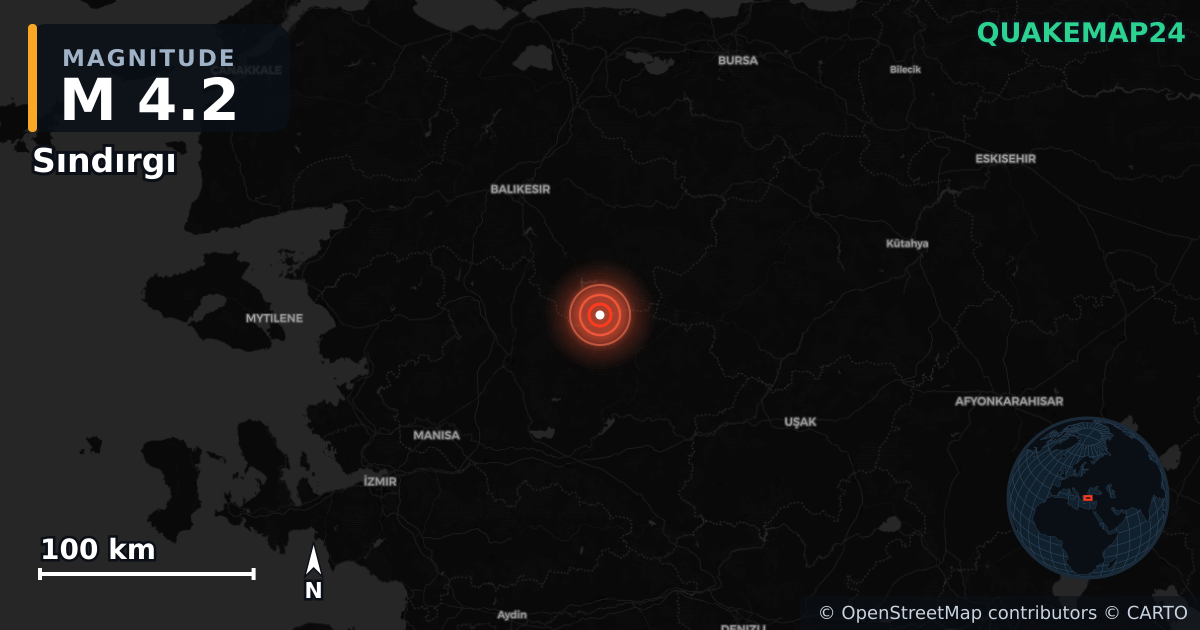 M4.2 earthquake near Sındırgı on Nov 10, 2025 — map of epicenter and shaking intensity | QuakeMap24