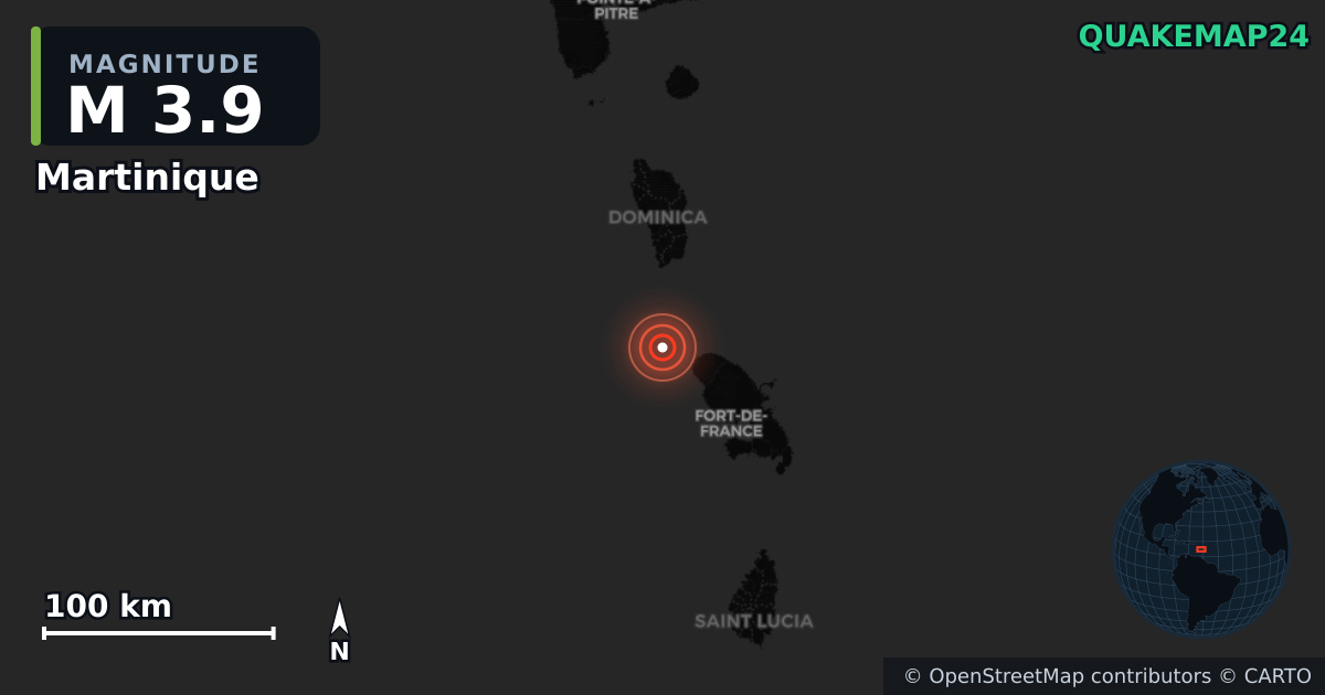 M3.9 earthquake near Martinique on Jun 6, 2025 — map of epicenter and shaking intensity | QuakeMap24