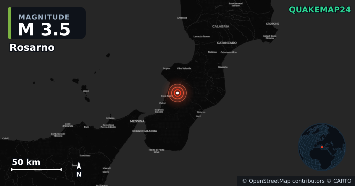 M3.5 earthquake near Rosarno on Jul 30, 2026 — map of epicenter and shaking intensity | QuakeMap24