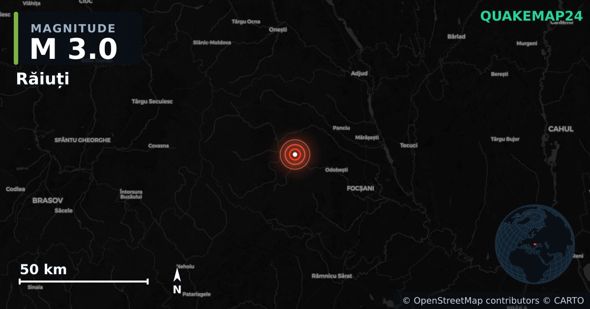 M3.0 earthquake near Răiuți on Jan 19, 2026 — map of epicenter and shaking intensity | QuakeMap24