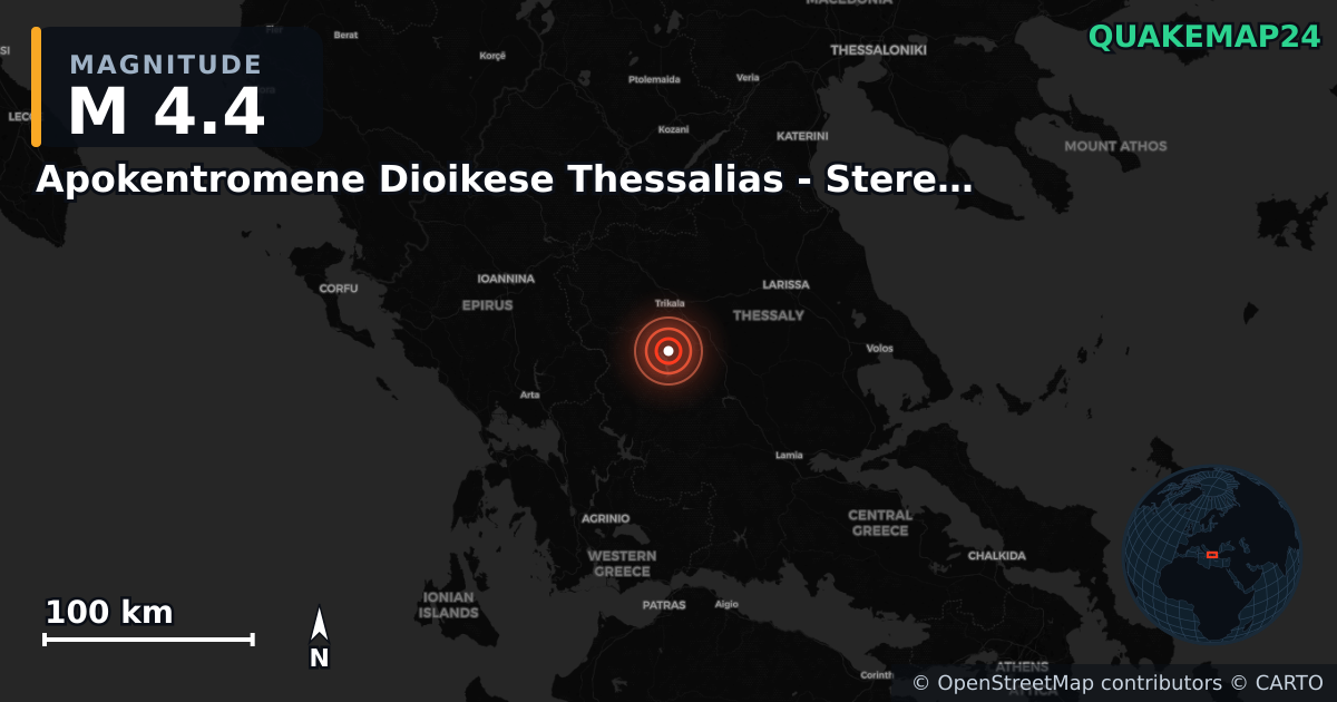 M4.4 earthquake near Apokentromene Dioikese Thessalias - Stereas Ellados on Nov 24, 2025 — map of epicenter and shaking intensity | QuakeMap24