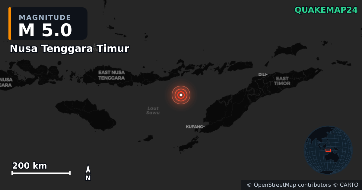 M5.0 earthquake near Nusa Tenggara Timur on Jan 14, 2026 — map of epicenter and shaking intensity | QuakeMap24