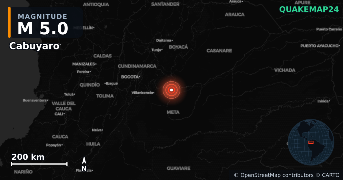 M5.0 earthquake near Cabuyaro on Jun 8, 2025 — map of epicenter and shaking intensity | QuakeMap24