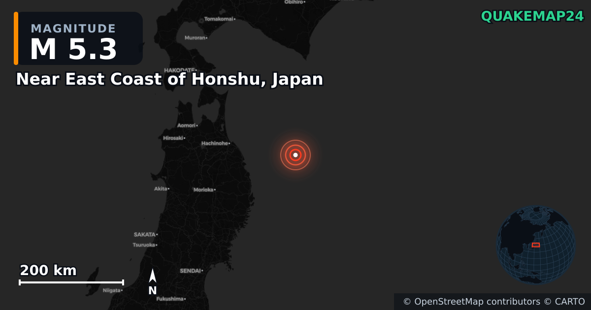 M5.3 earthquake near Near East Coast of Honshu, Japan on Jan 28, 2026 — map of epicenter and shaking intensity | QuakeMap24