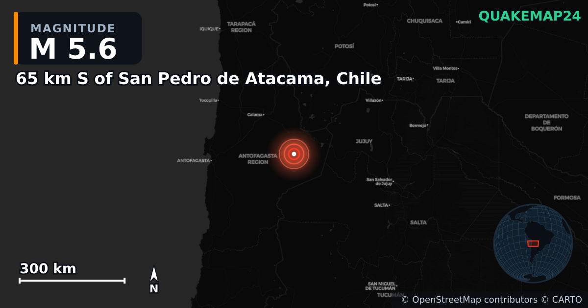 M5.6 earthquake near 65 km S of San Pedro de Atacama, Chile on Apr 18, 2025 — map of epicenter and shaking intensity | QuakeMap24