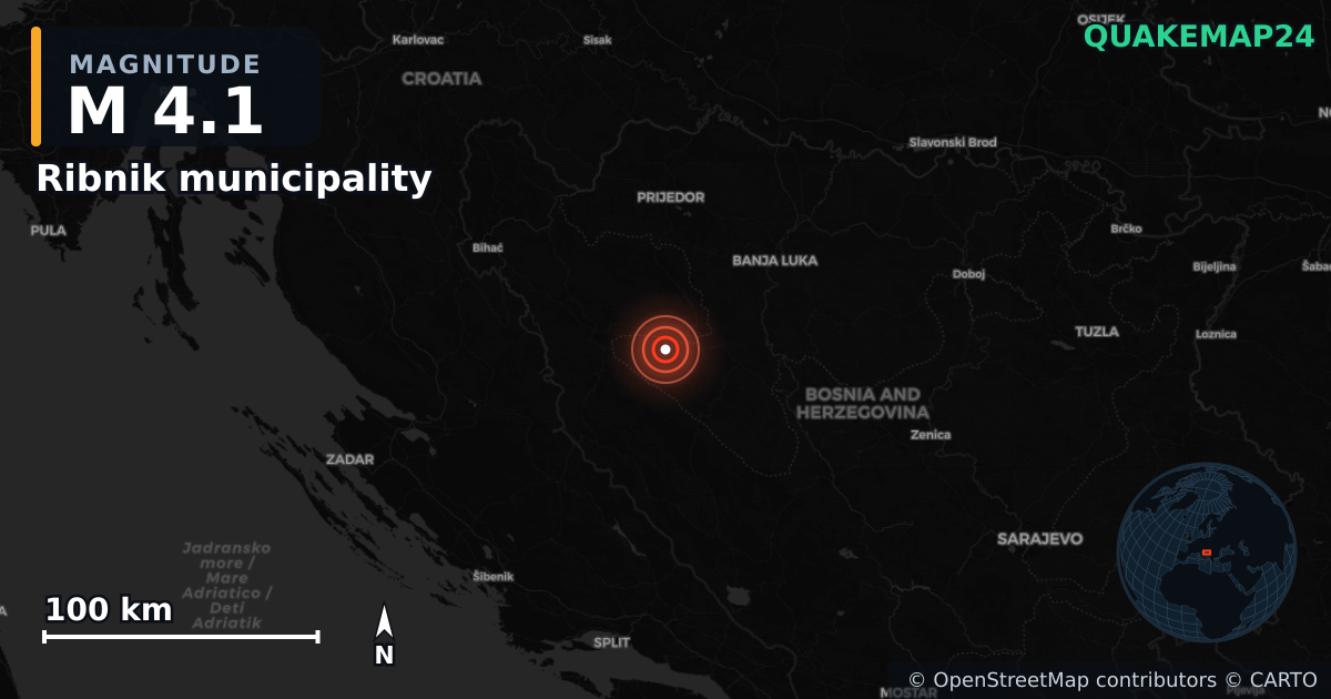 M4.1 earthquake near Ribnik municipality on Jul 8, 2026 — map of epicenter and shaking intensity | QuakeMap24