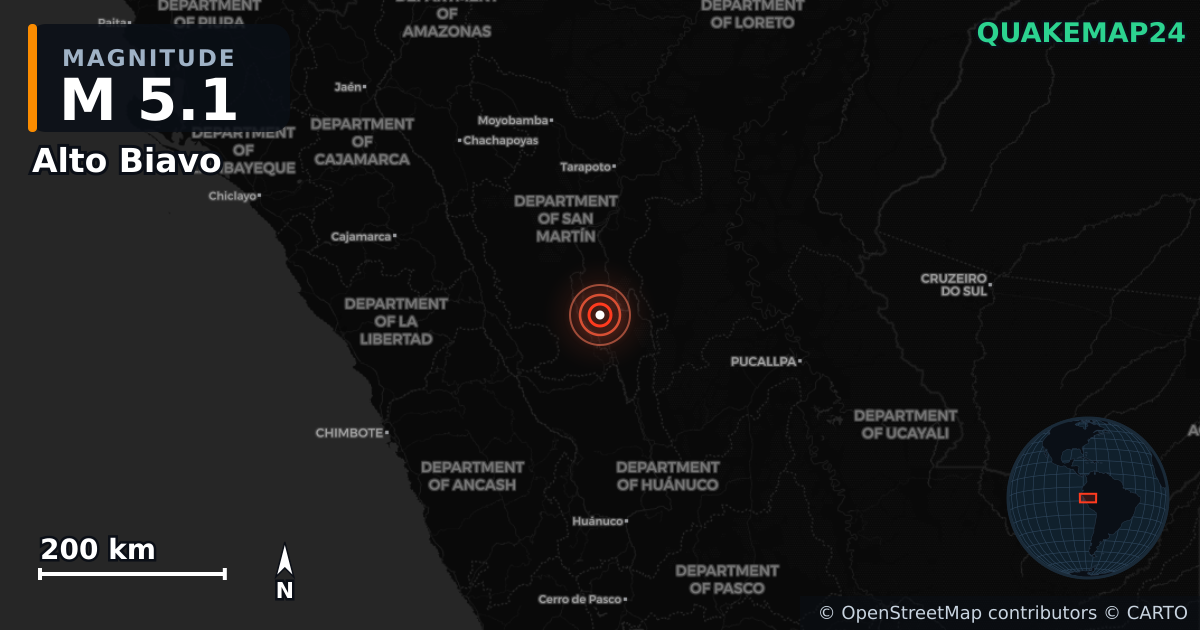 M5.1 earthquake near Alto Biavo on Jun 24, 2026 — map of epicenter and shaking intensity | QuakeMap24