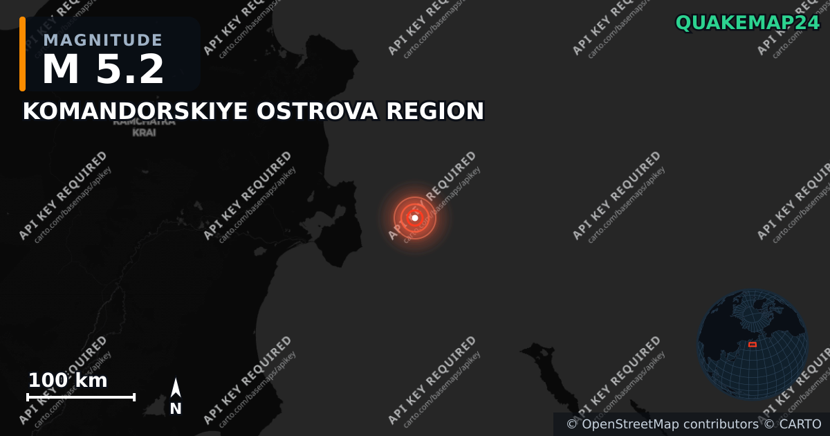M5.2 earthquake near KOMANDORSKIYE OSTROVA REGION on Jul 12, 2025 — map of epicenter and shaking intensity | QuakeMap24