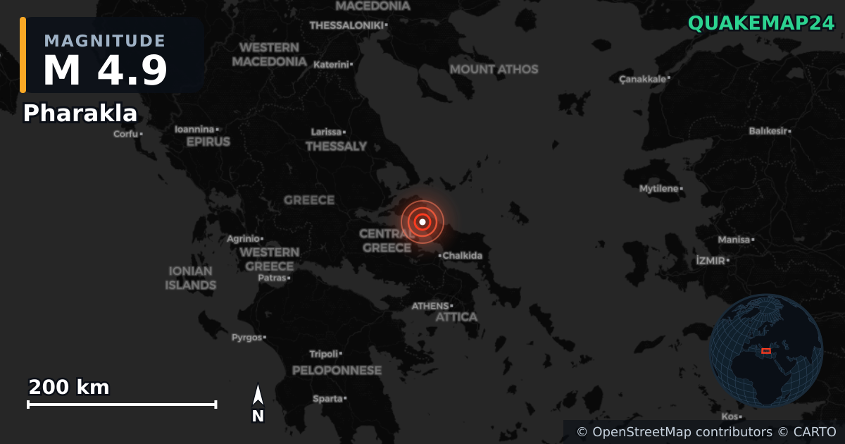M4.9 earthquake near Pharakla on Jun 7, 2026 — map of epicenter and shaking intensity | QuakeMap24