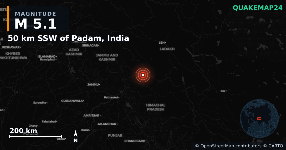 M5.1 earthquake near 50 km SSW of Padam, India on Mar 13, 2025 — map of epicenter and shaking intensity | QuakeMap24