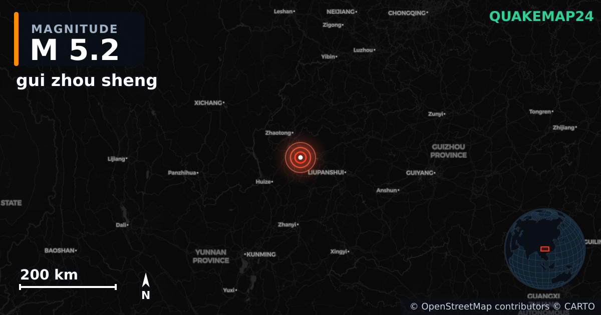 M5.2 earthquake near gui zhou sheng on Oct 11, 2025 — map of epicenter and shaking intensity | QuakeMap24