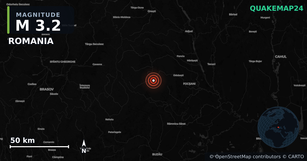 M3.2 earthquake near ROMANIA on Sep 2, 2025 — map of epicenter and shaking intensity | QuakeMap24