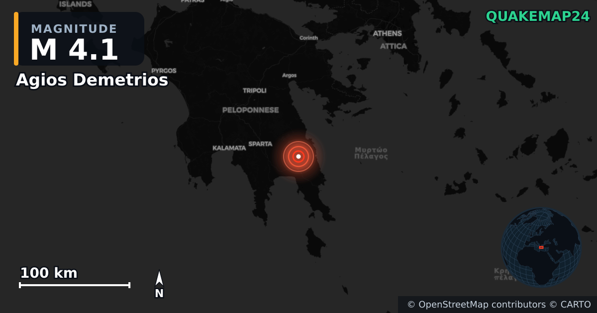 M4.1 earthquake near Agios Demetrios on Jun 28, 2026 — map of epicenter and shaking intensity | QuakeMap24
