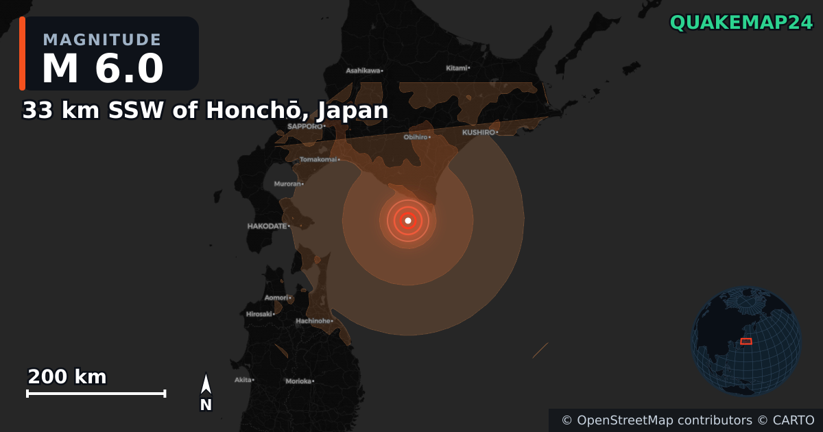 M6.0 earthquake near 33 km SSW of Honchō, Japan on Aug 23, 2026 — map of epicenter and shaking intensity | QuakeMap24