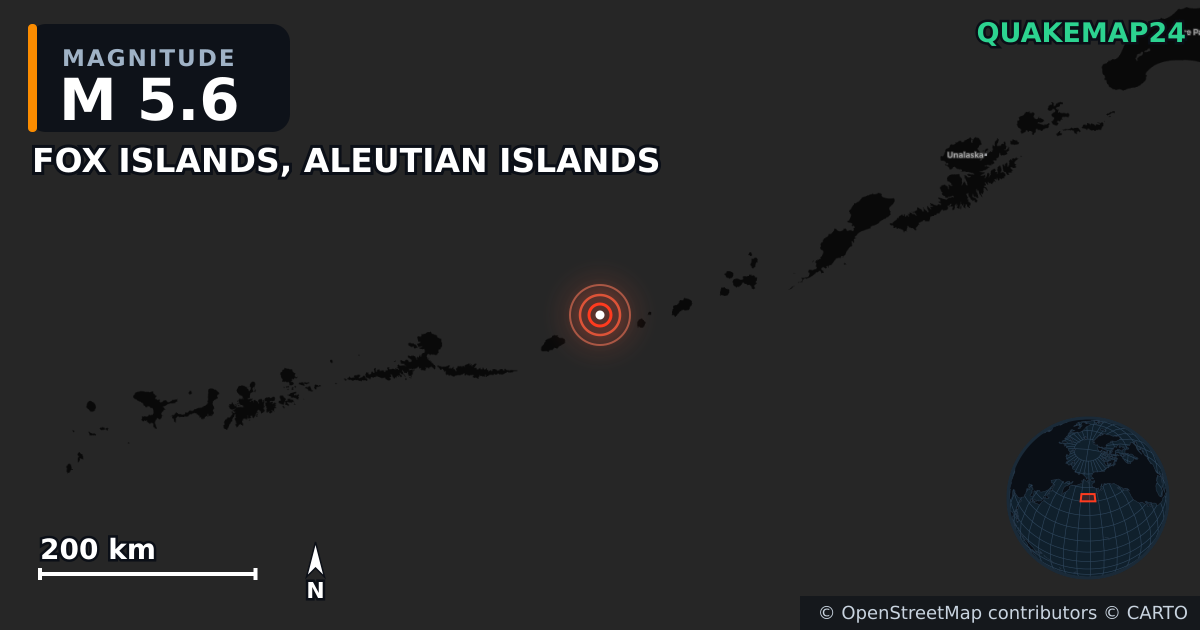 M5.6 earthquake near FOX ISLANDS, ALEUTIAN ISLANDS on May 22, 2026 — map of epicenter and shaking intensity | QuakeMap24
