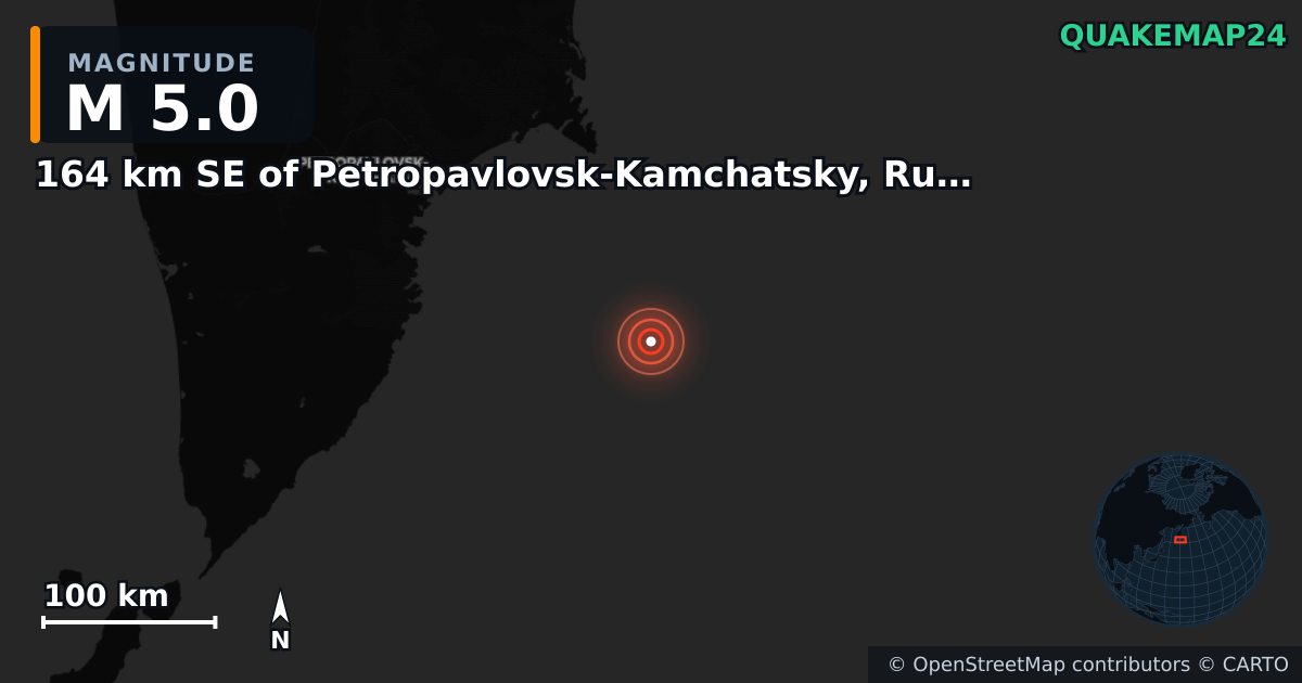 164 km SE of Petropavlovsk-Kamchatsky, Russia yakınında M5,0 deprem — Deprem merkez üssünün konumunu gösteren harita