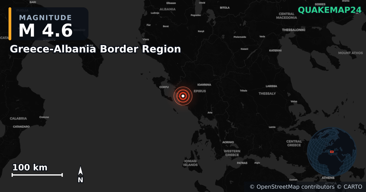 M4.6 earthquake near Greece-Albania Border Region on Mar 20, 2026 — map of epicenter and shaking intensity | QuakeMap24