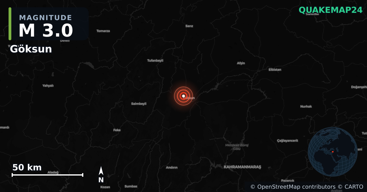 M3.0 earthquake near Göksun on Feb 23, 2026 — map of epicenter and shaking intensity | QuakeMap24
